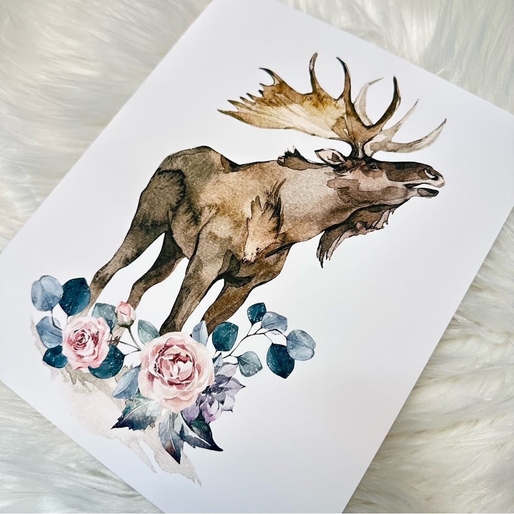 Watercolor Floral Moose Elk Deer Portrait Wall Art Illustration Print Unframed - Picture 15 of 17